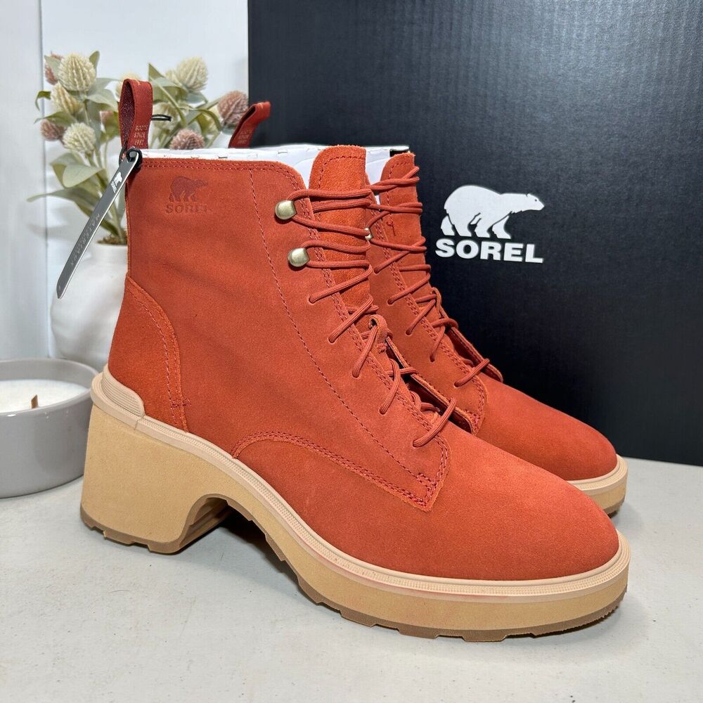 Sorel Hi-Line Heel Lace Boots Warp Red, Tawny Buff NL4875-849 Women 11 NWB